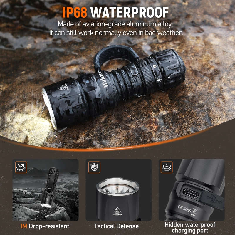 Wurkkos TD07 1300 Lumen 350m Throw Rechargeable Tactical Flashlight with 18350 Battery