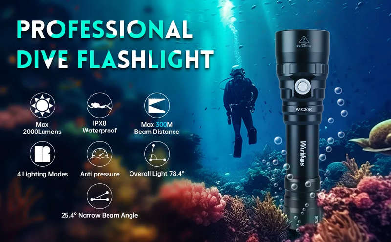 Wurkkos WK20S 2000 Lumen 363m Throw Rechargeable Diving Flashlight with 18650 Battery