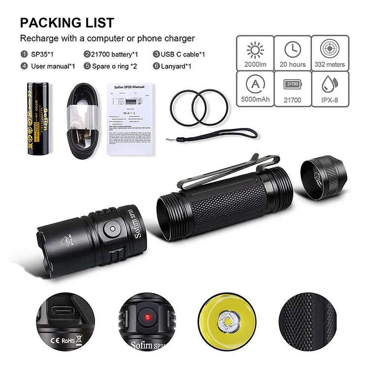 Sofirn SP35 2000 Lumen 332m Throw Rechargeable Flashlight with 21700 Battery
