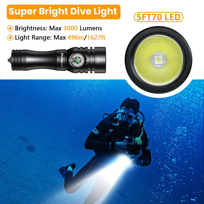 Wurkkos DL02 3000 Lumen 480m Throw Rechargeable Diving Flashlight with 21700 Battery