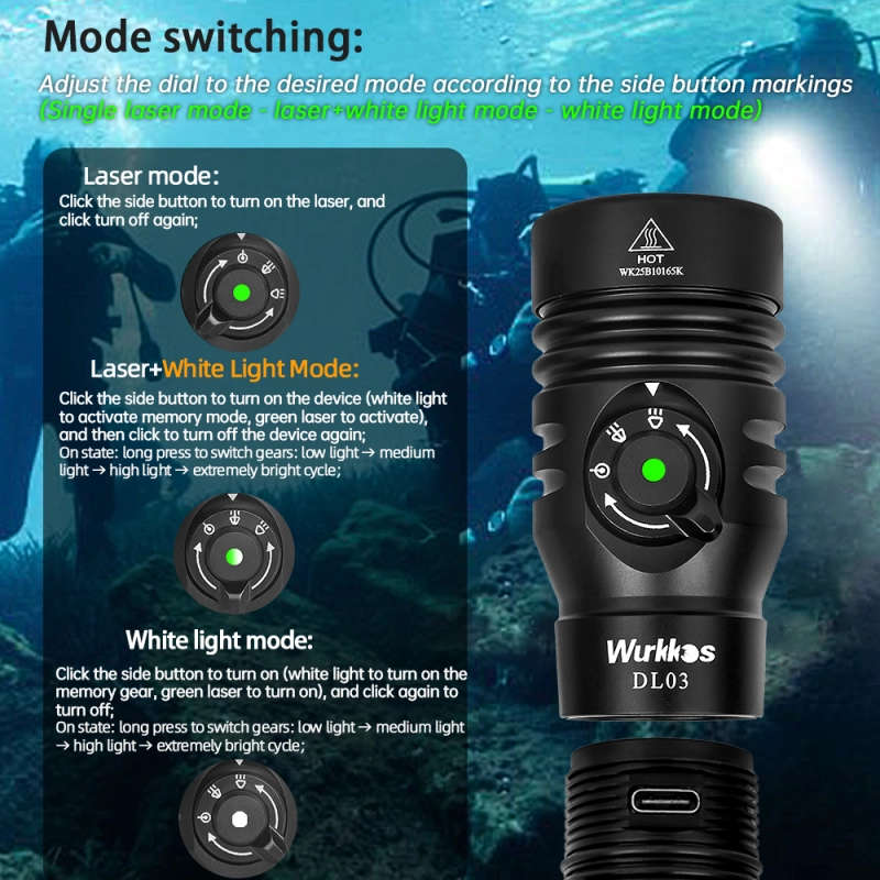 Wurkkos DL03 2800 Lumen 480m Throw Rechargeable Diving Flashlight with 21700 Battery