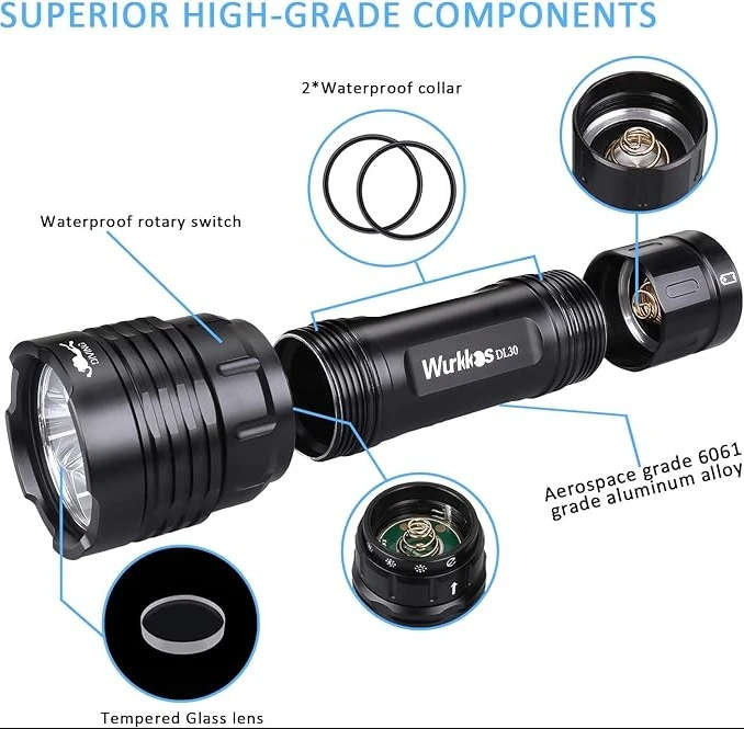 Wurkkos DL30 3600 Lumen 219m Throw Rechargeable Diving Flashlight with 21700 Battery