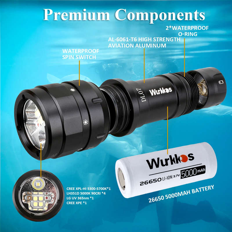 Wurkkos DL07 4180 Lumen +1000mW UV 77m Throw Rechargeable Diving Flashlight with 26650