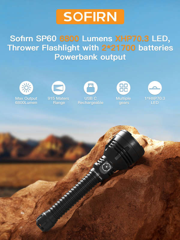 Sofirn SP60 6800 Lumen 915m Throw Rechargeable Flashlight with 21700 Batteries