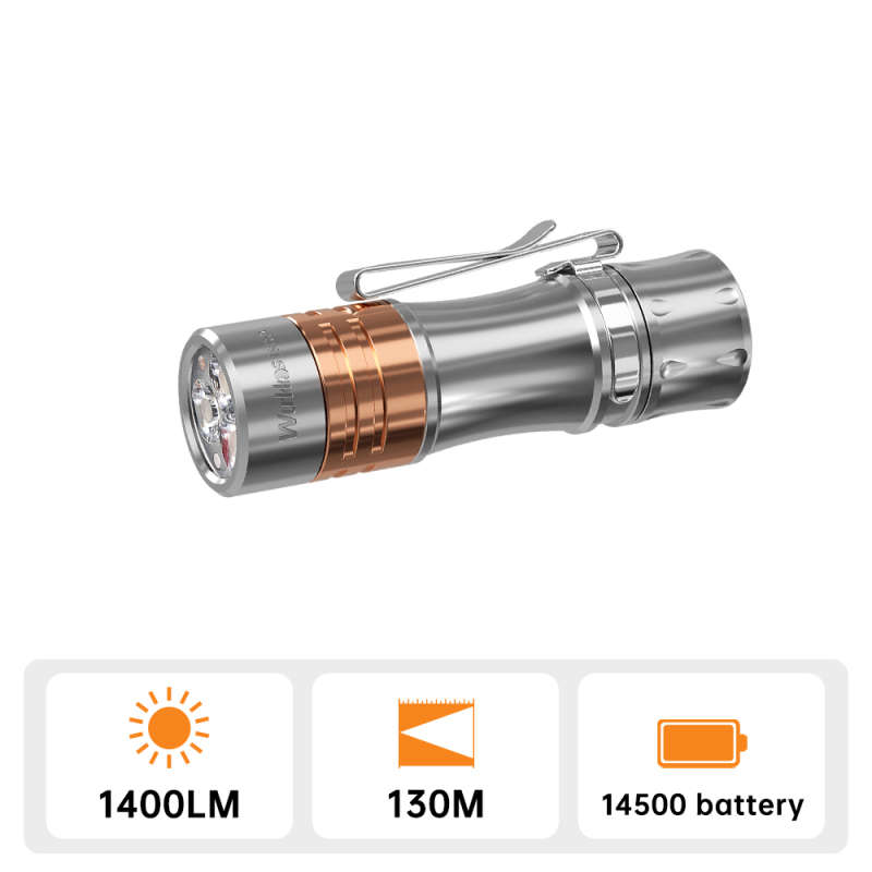 Wurkkos Titanium TS10V2 Ti-copper 1400 Lumen 130m Throw Mini EDC Flashlight with 14500 Battery