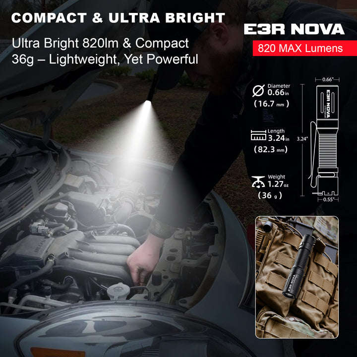 Powertac E3R Nova 820 Lumen 86m Throw Rechargeable LED EDC Keychain Flashlight