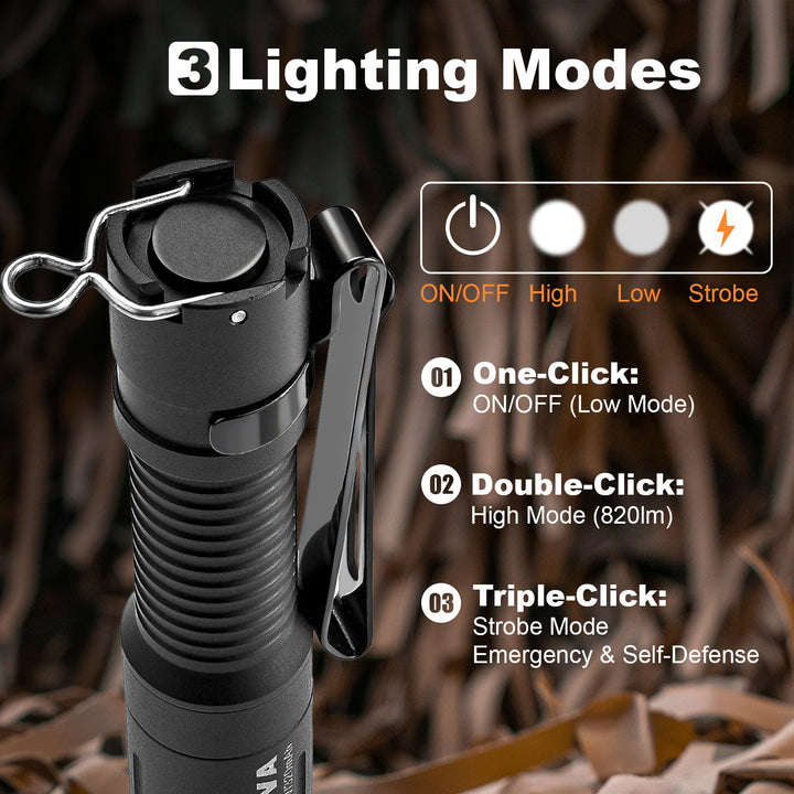 Powertac E3R Nova 820 Lumen 86m Throw Rechargeable LED EDC Keychain Flashlight
