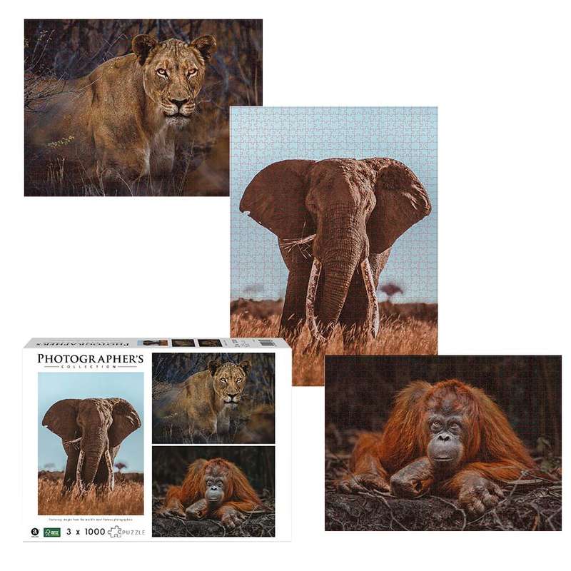 Ambassador - Photographers Collection: 3 x 1000 Piece Puzzle Bundle - Elephant, Lioness and Orang...