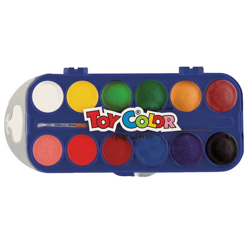 Toy Color - Watercolours - 12 Colours Tablets With Brush - 30mm Diameter Container
