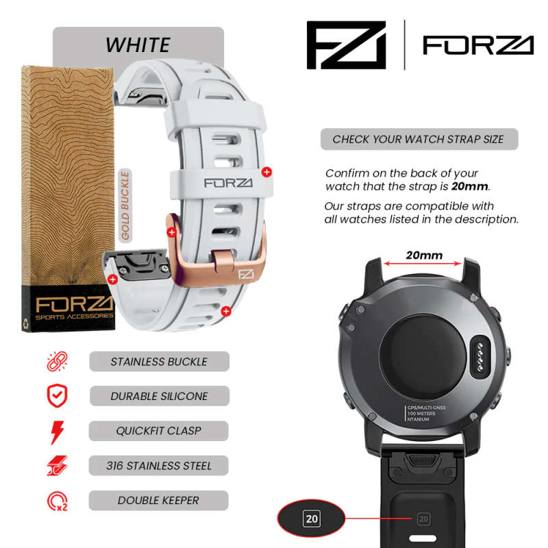 FORZA - ELITE | 20mm EasyFit Watch Strap for Garmin (White - Rose Gold Buckle)