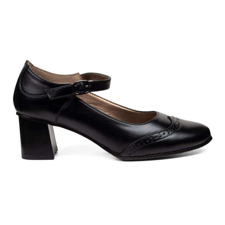 TTP Classic Ladies Flare Heel Semi Brogue Courts with Ankle Strap