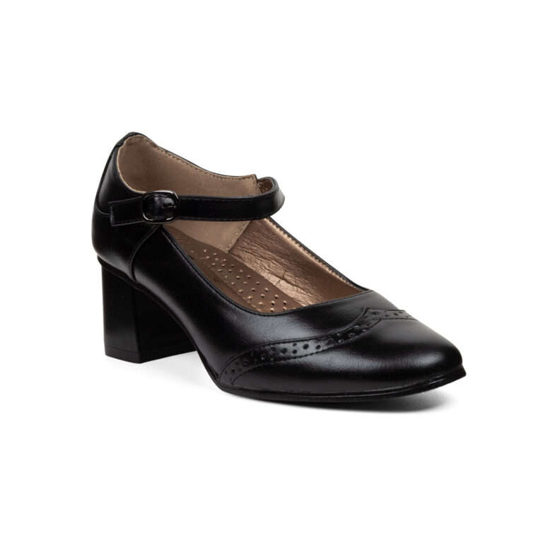 TTP Classic Ladies Flare Heel Semi Brogue Courts with Ankle Strap