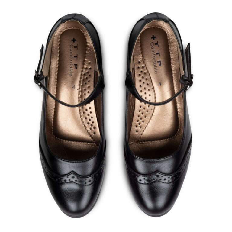 TTP Classic Ladies Flare Heel Semi Brogue Courts with Ankle Strap