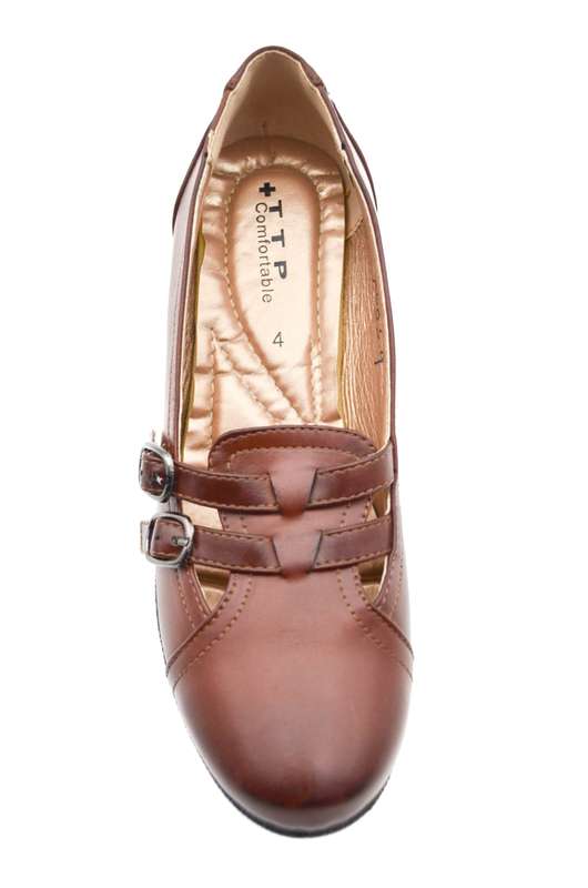 TTP Ladies Block Heel Courts with Dual Buckle Decor on Vamp