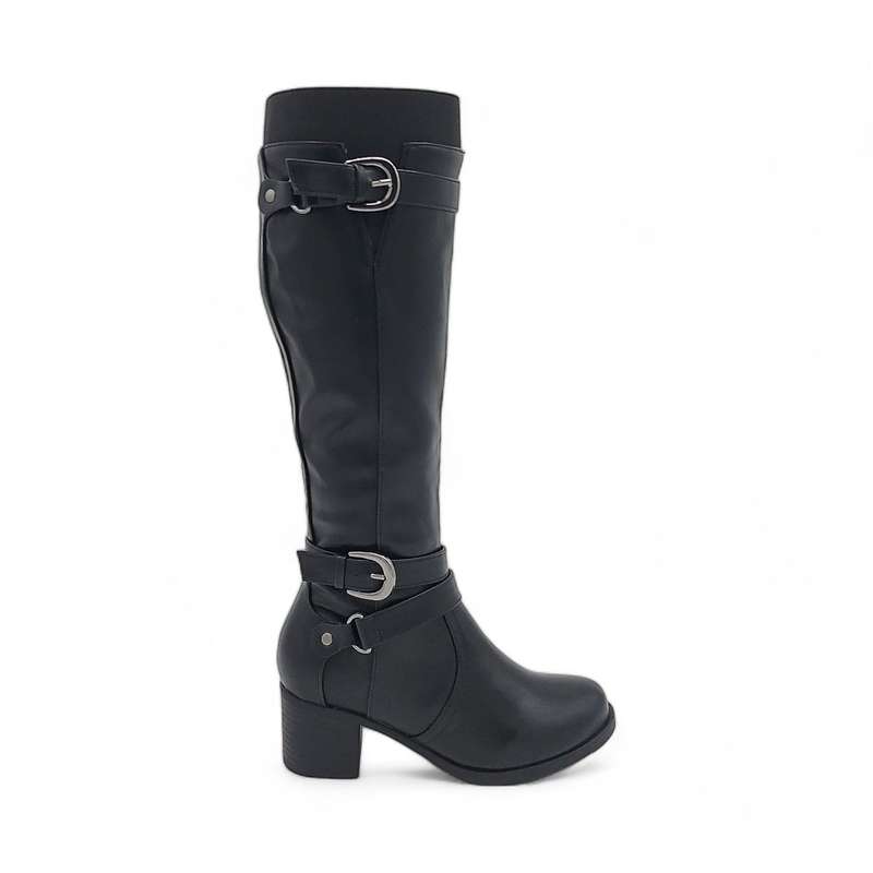 Women's Round Toe Block Heel Knee High Boots with Buckle Decor - PSL3070