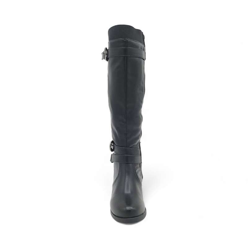 Women's Round Toe Block Heel Knee High Boots with Buckle Decor - PSL3070