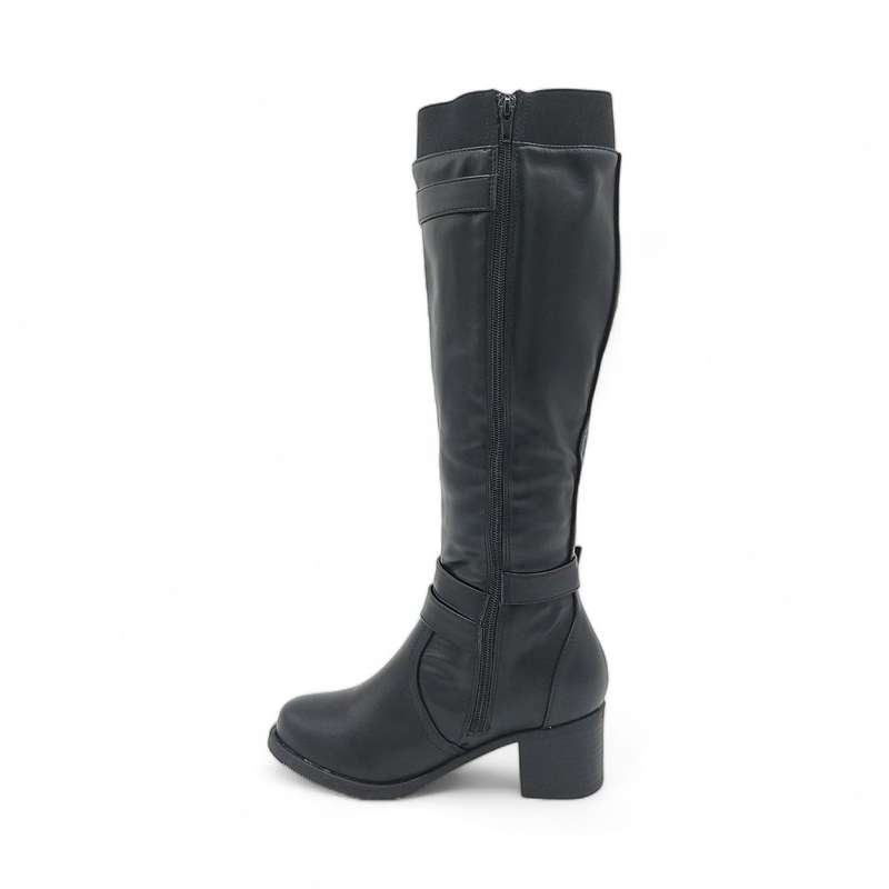 Women's Round Toe Block Heel Knee High Boots with Buckle Decor - PSL3070
