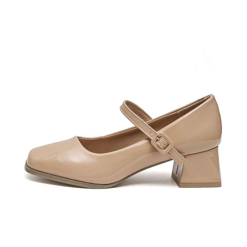 TTP Ladies Square Toe Patent PU Flare Heels with Ankle Strap JSF56