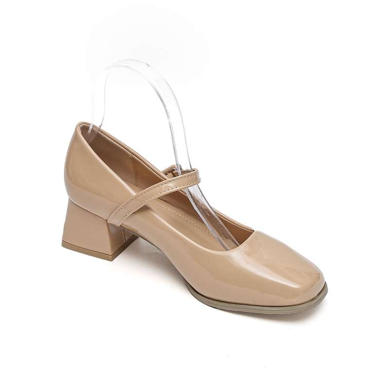 TTP Ladies Square Toe Patent PU Flare Heels with Ankle Strap JSF56