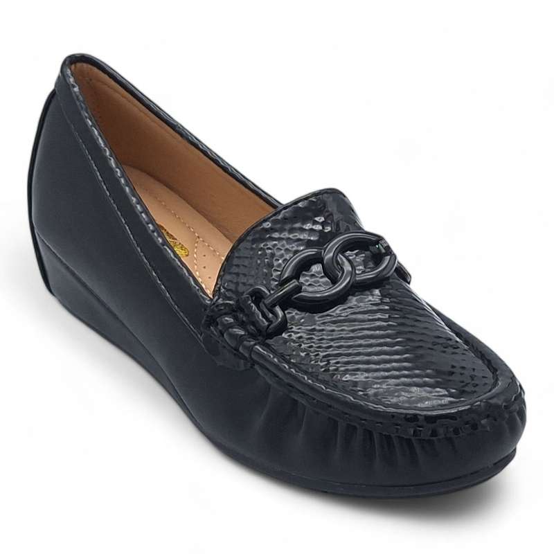TTP Women Round Toe Wedge Heel Loafers with Link Decor JSF127