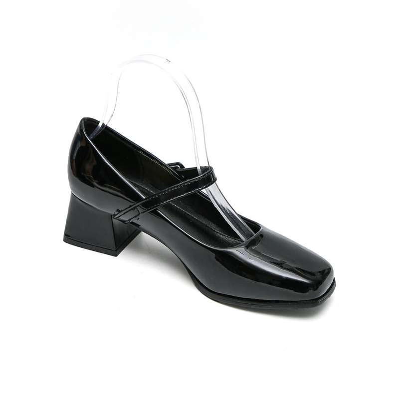 TTP Ladies Square Toe Patent PU Flare Heels with Ankle Strap JSF56