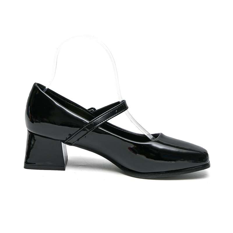 TTP Ladies Square Toe Patent PU Flare Heels with Ankle Strap JSF56