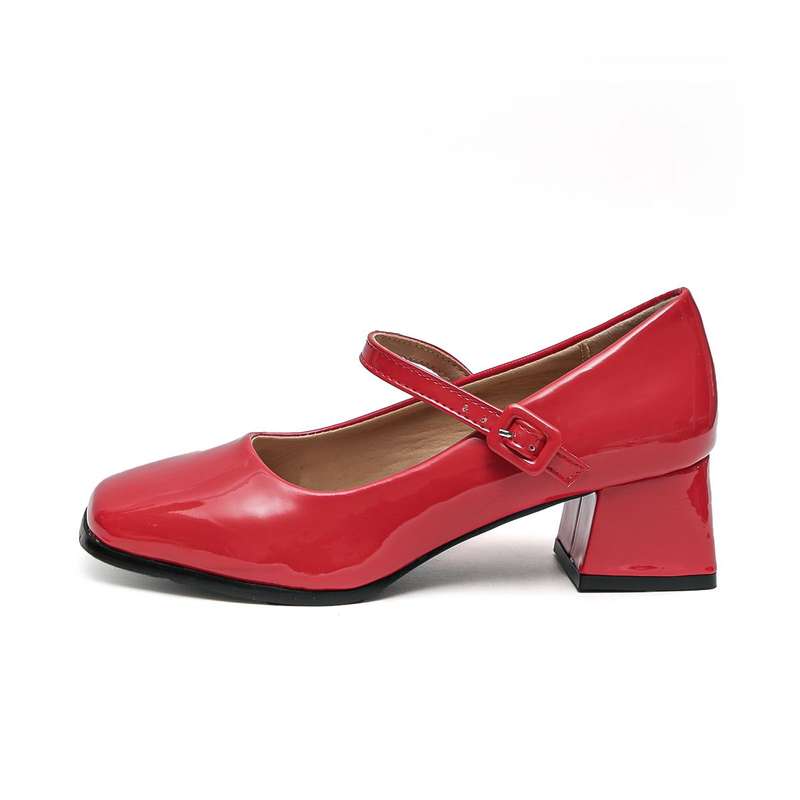 TTP Ladies Square Toe Patent PU Flare Heels with Ankle Strap JSF56