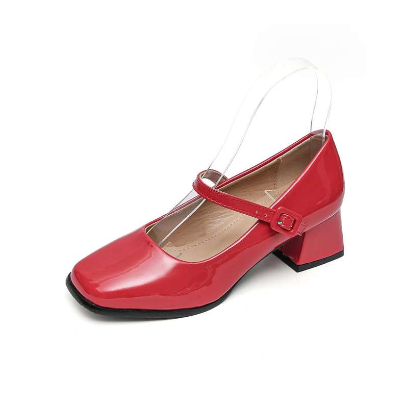TTP Ladies Square Toe Patent PU Flare Heels with Ankle Strap JSF56