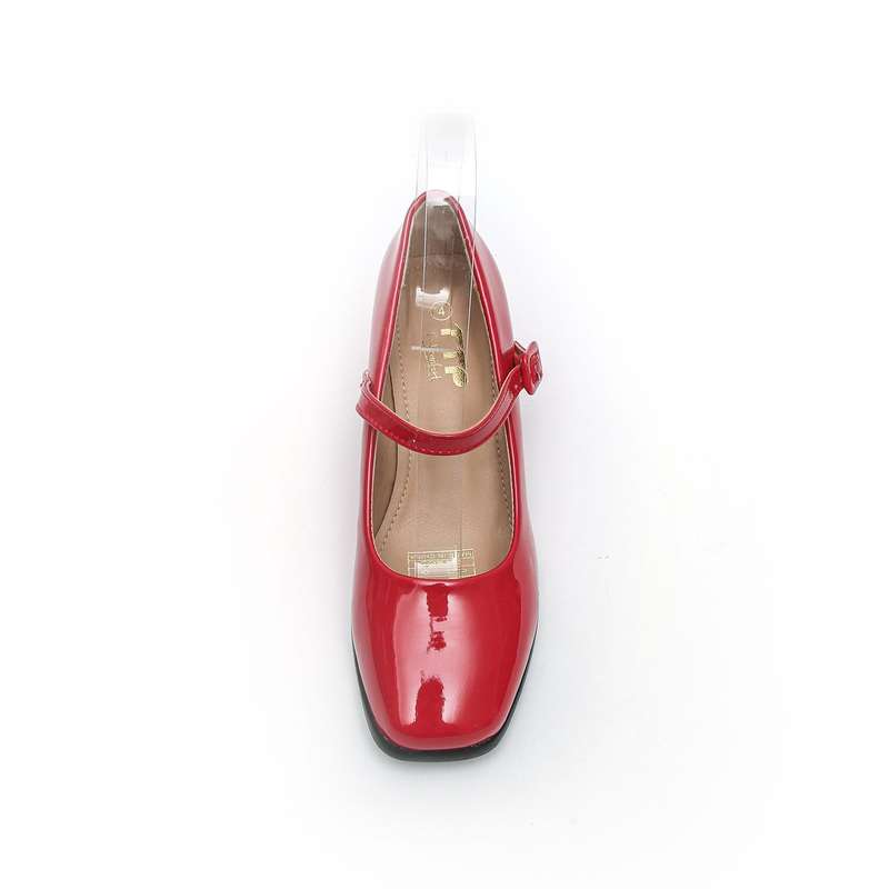 TTP Ladies Square Toe Patent PU Flare Heels with Ankle Strap JSF56