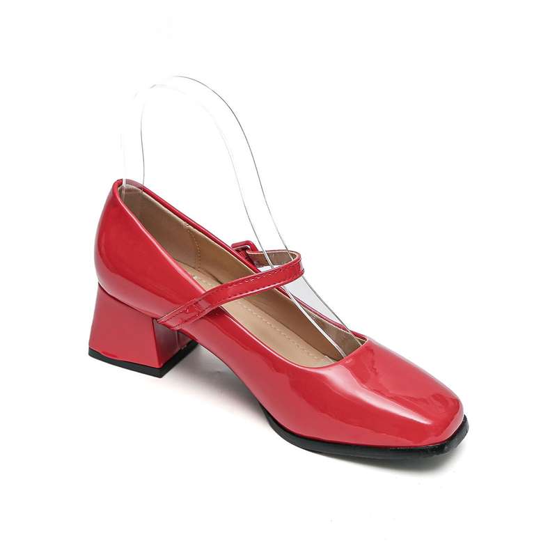 TTP Ladies Square Toe Patent PU Flare Heels with Ankle Strap JSF56