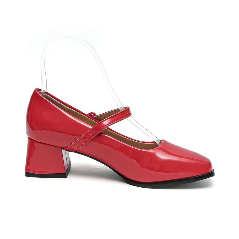 TTP Ladies Square Toe Patent PU Flare Heels with Ankle Strap JSF56