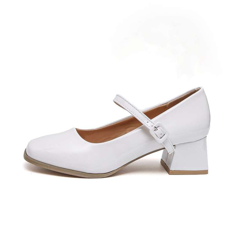 TTP Ladies Square Toe Patent PU Flare Heels with Ankle Strap JSF56