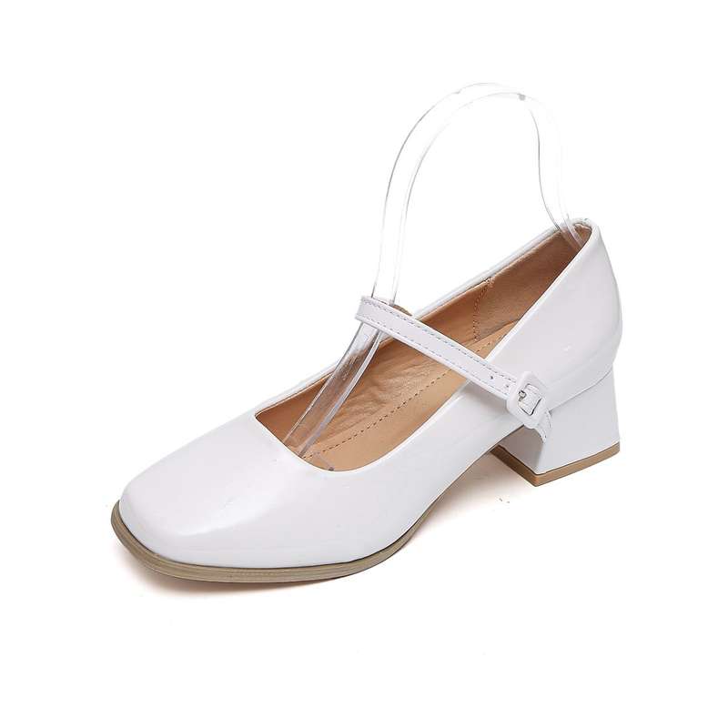 TTP Ladies Square Toe Patent PU Flare Heels with Ankle Strap JSF56
