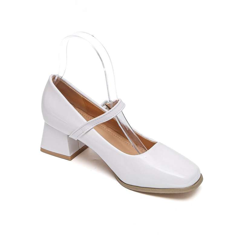 TTP Ladies Square Toe Patent PU Flare Heels with Ankle Strap JSF56