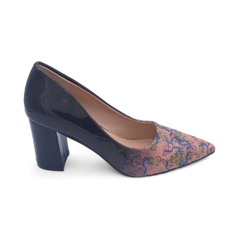 TTP Sleek Patent Block Heel Point Toe Heels with Flower Print JSF70-2