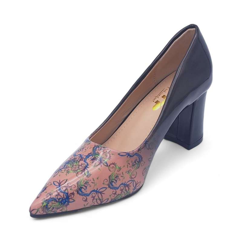 TTP Sleek Patent Block Heel Point Toe Heels with Flower Print JSF70-2
