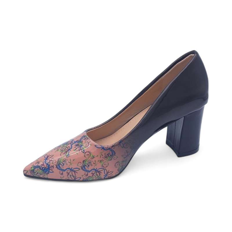 TTP Sleek Patent Block Heel Point Toe Heels with Flower Print JSF70-2