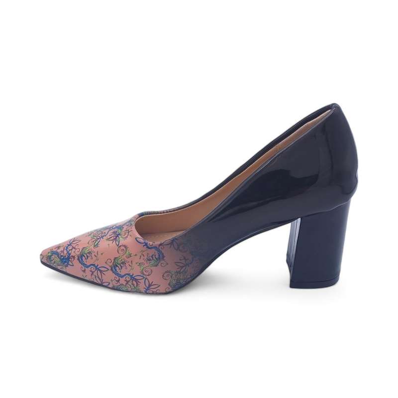 TTP Sleek Patent Block Heel Point Toe Heels with Flower Print JSF70-2