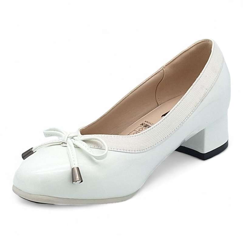 TTP Ladies Patent Court Heel Elasticated Top Line & Ribbon Decor HT7808-1