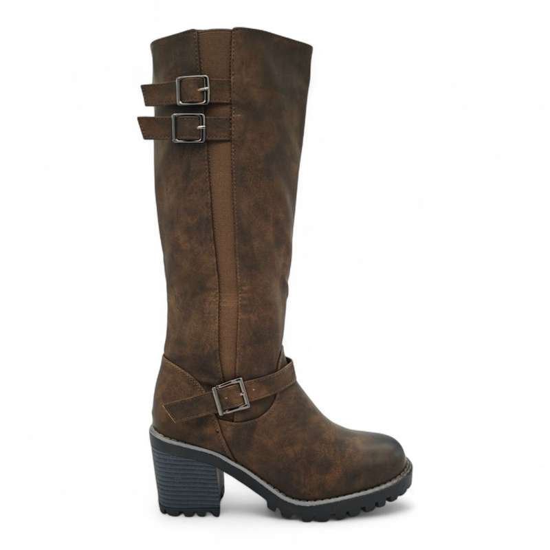 TTP Women Knee High Block Heel Boots with Buckle Decors HTM-6