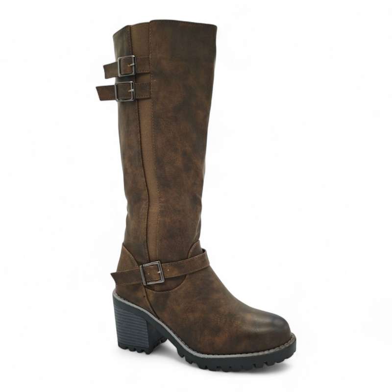 TTP Women Knee High Block Heel Boots with Buckle Decors HTM-6