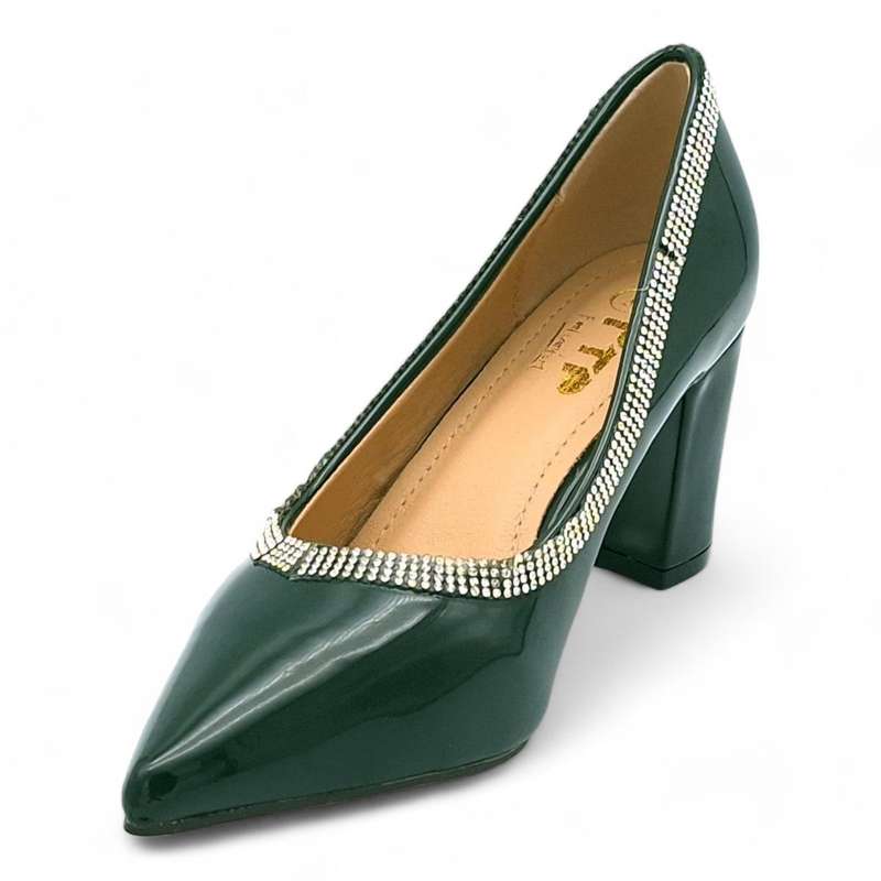 TTP Women Patent PU Block Heels with Embelished Vamp Edge JSF93