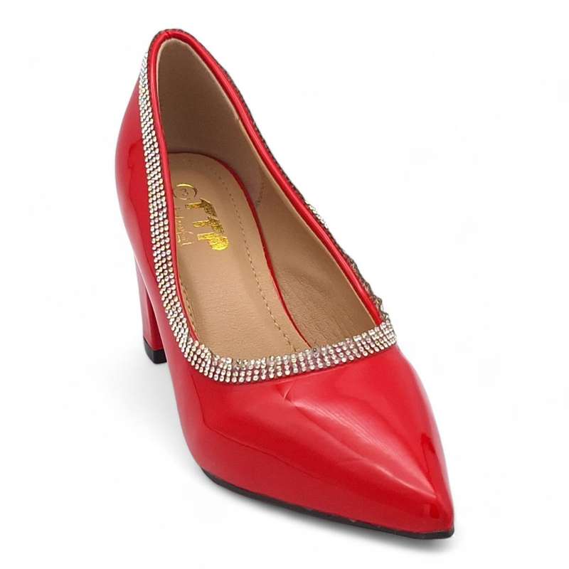 TTP Women Patent PU Block Heels with Embelished Vamp Edge JSF93