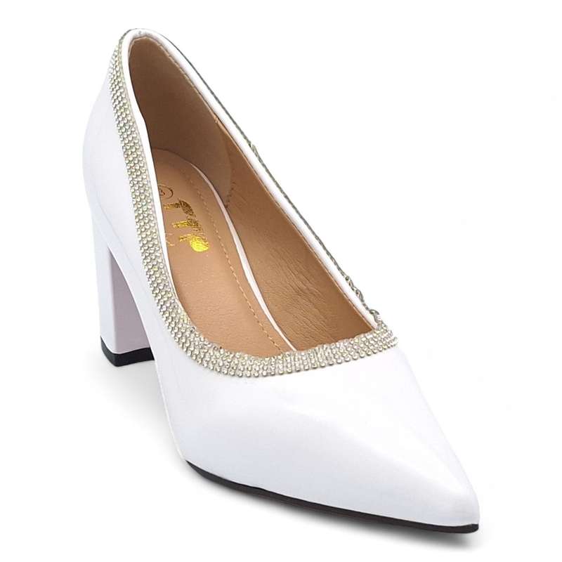 TTP Women Patent PU Block Heels with Embelished Vamp Edge JSF93
