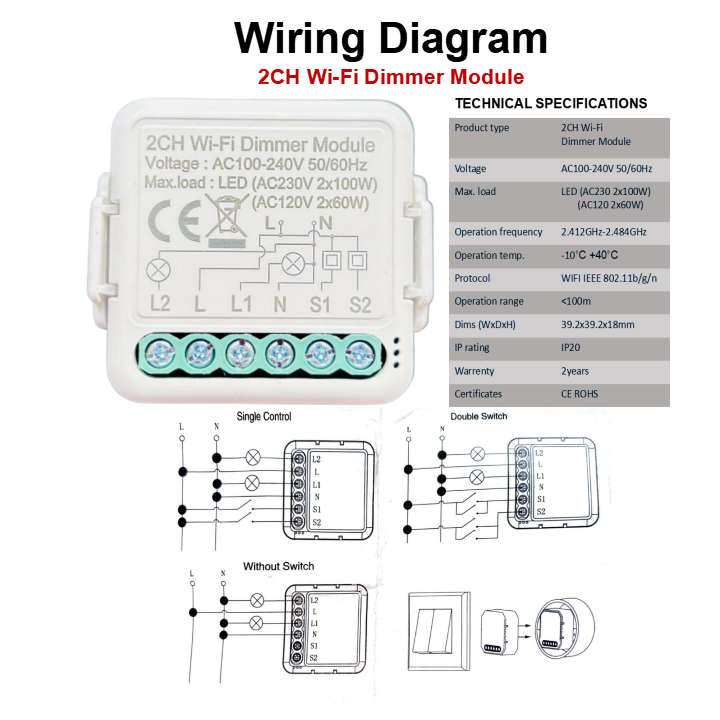 Smart Mini Switch Dimmer 2 Gang | Upgrade to existing | Tuya WiFi