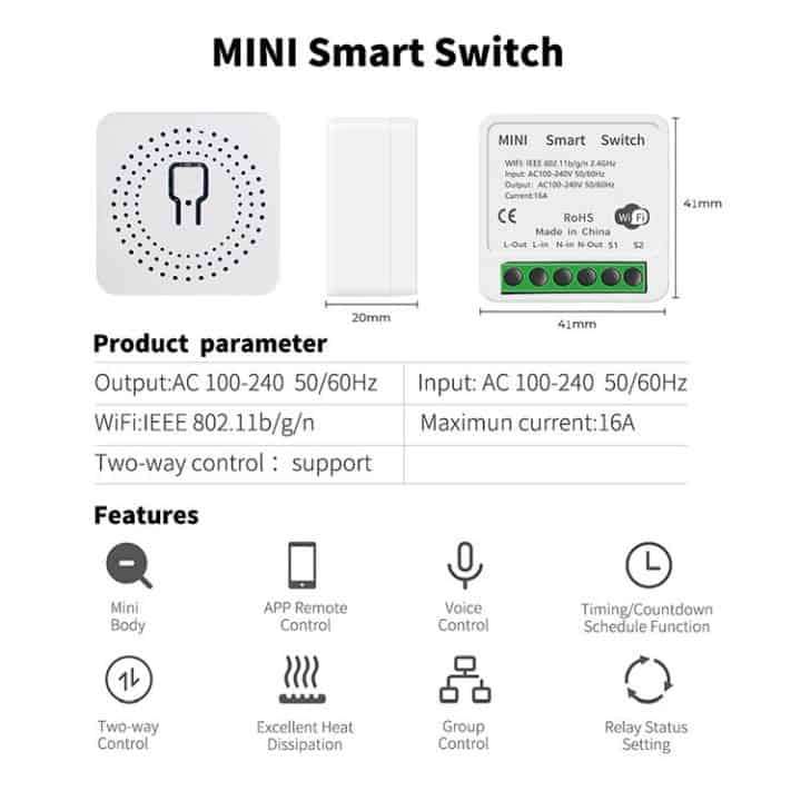 Smart Switch Basic 16A 3.6kW | Mini Module | WiFi Tuya Smart Life