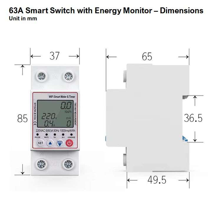 Smart Switch + Energy Monitor Power Consumption + Earth Leakage | 63A, 230VAC | WiFi Tuya Smart Life