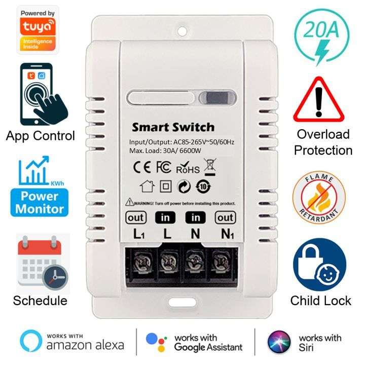 Smart Switch Basic 30A 6.6kW  | Energy Monitor | Wi-Fi Tuya Smart Life