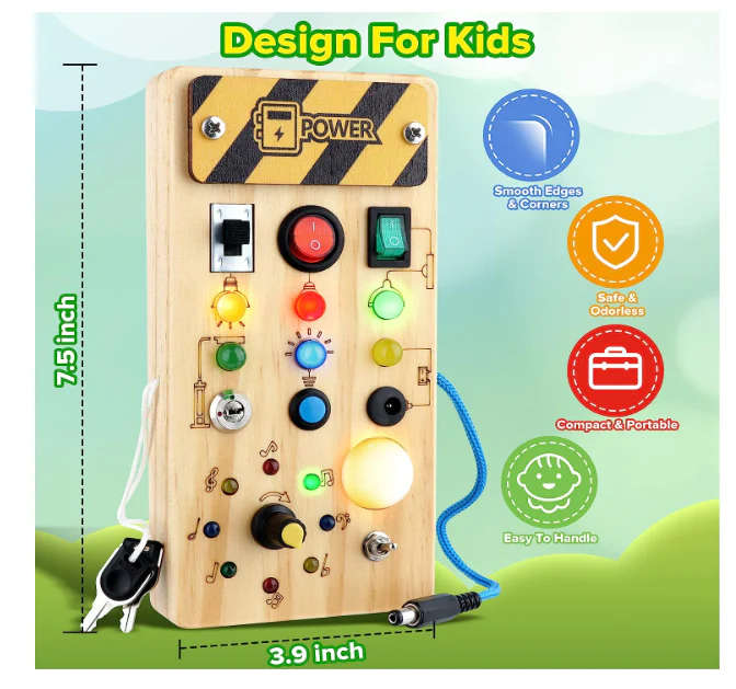 Wooden Busy Board With 8 LED Switches &amp; 15 Lights