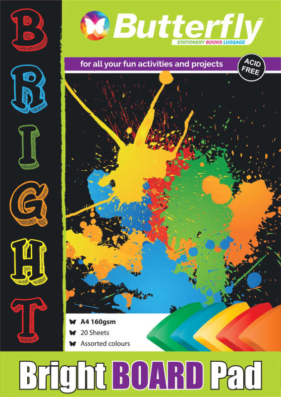 BOARD PADS - A4 160gsm 20 SHEETS - BRIGHT (ASSORTED)